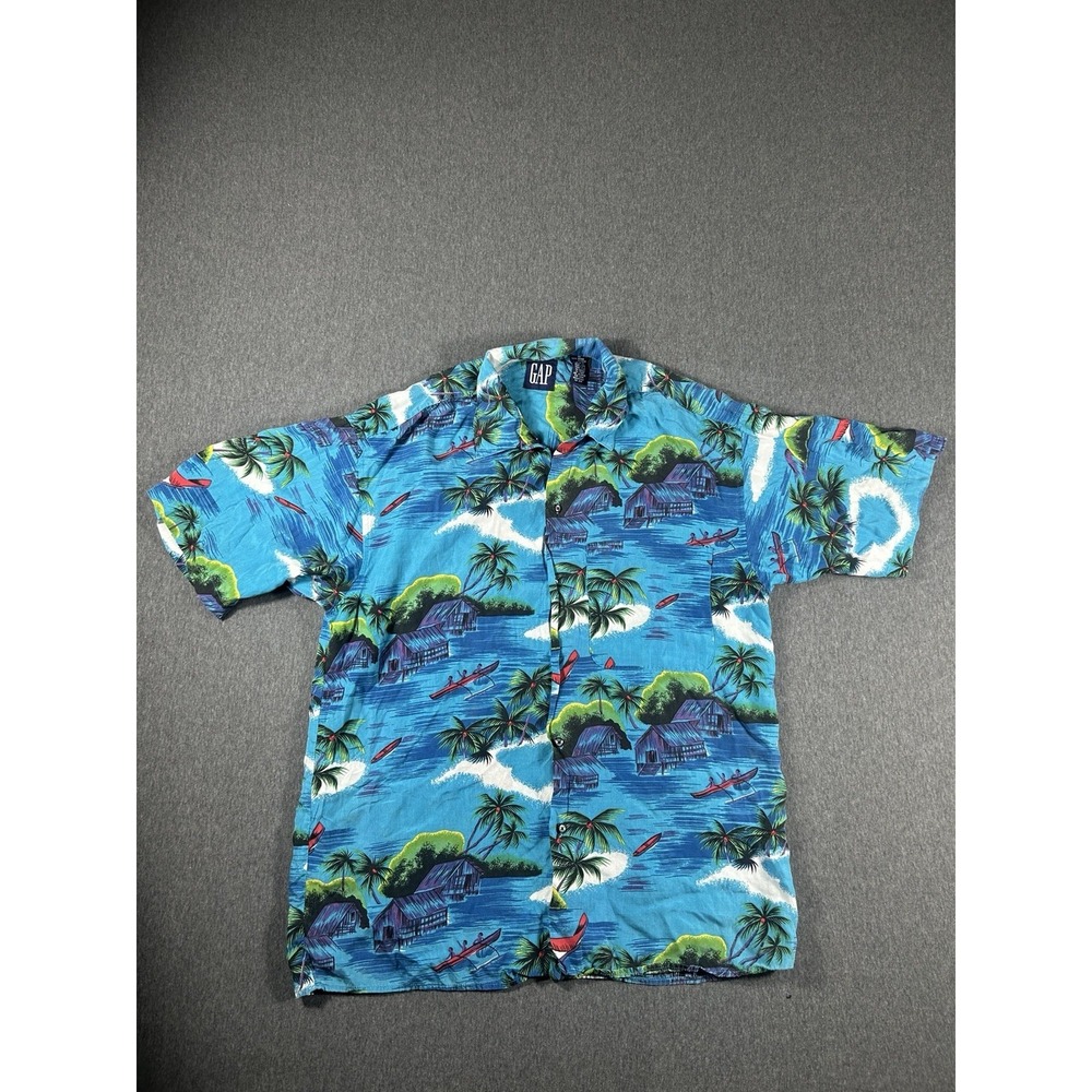 Vintage Gap Blue Palm Tree Canoe Tiki Hut Hawaiian Aloha Shirt Size M